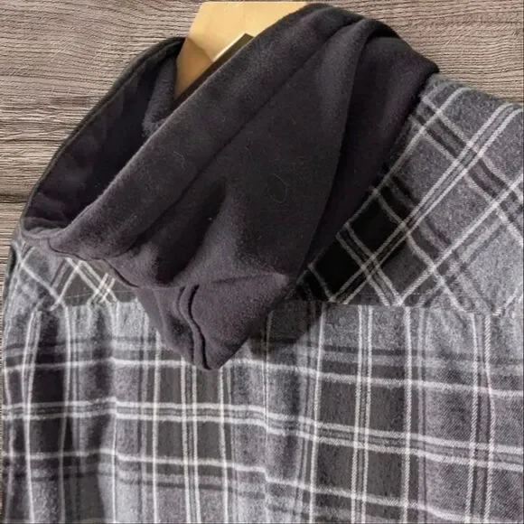 No Boundaries Hooded 100% Cotton Gray Black Plaid Long Sleeve Shacket 42-44 L - Picture 7 of 9
